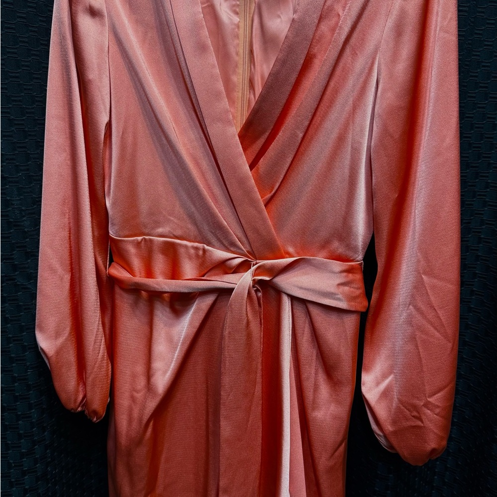 Elegant Satin Faux Wrap Dress - Coral